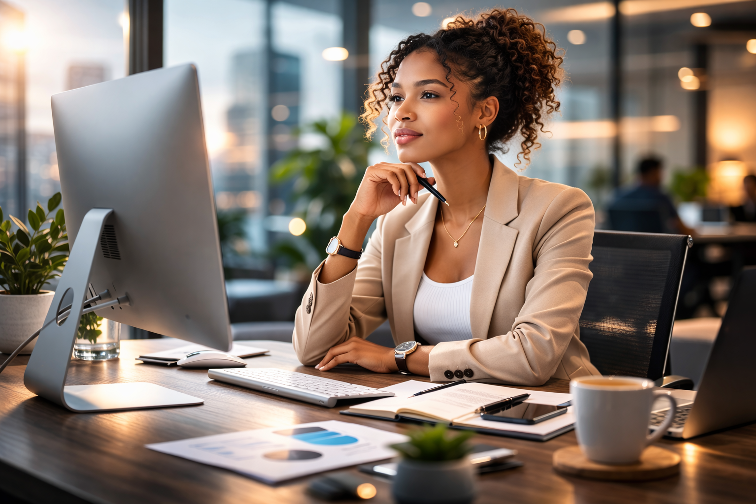 Confident businesswoman working at a computer in a modern office, representing the professional team behind Chrono Digital.