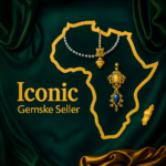 Gold Africa outline with luxury gemstone jewelry on emerald background.